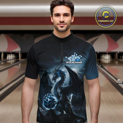 Custom Black And Blue Thunder Lightning Dragon Bowling Men Quarter-Zip Shirts, Team Outfit IPHW9099