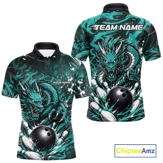 Teal and black dragon-themed polo shirt with 'Team Name' and 'Your Name' text on a white background.