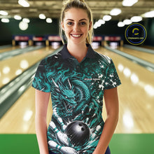 Load image into Gallery viewer, Woman wearing a bowling shirt with a dragon design in a bowling alley.
