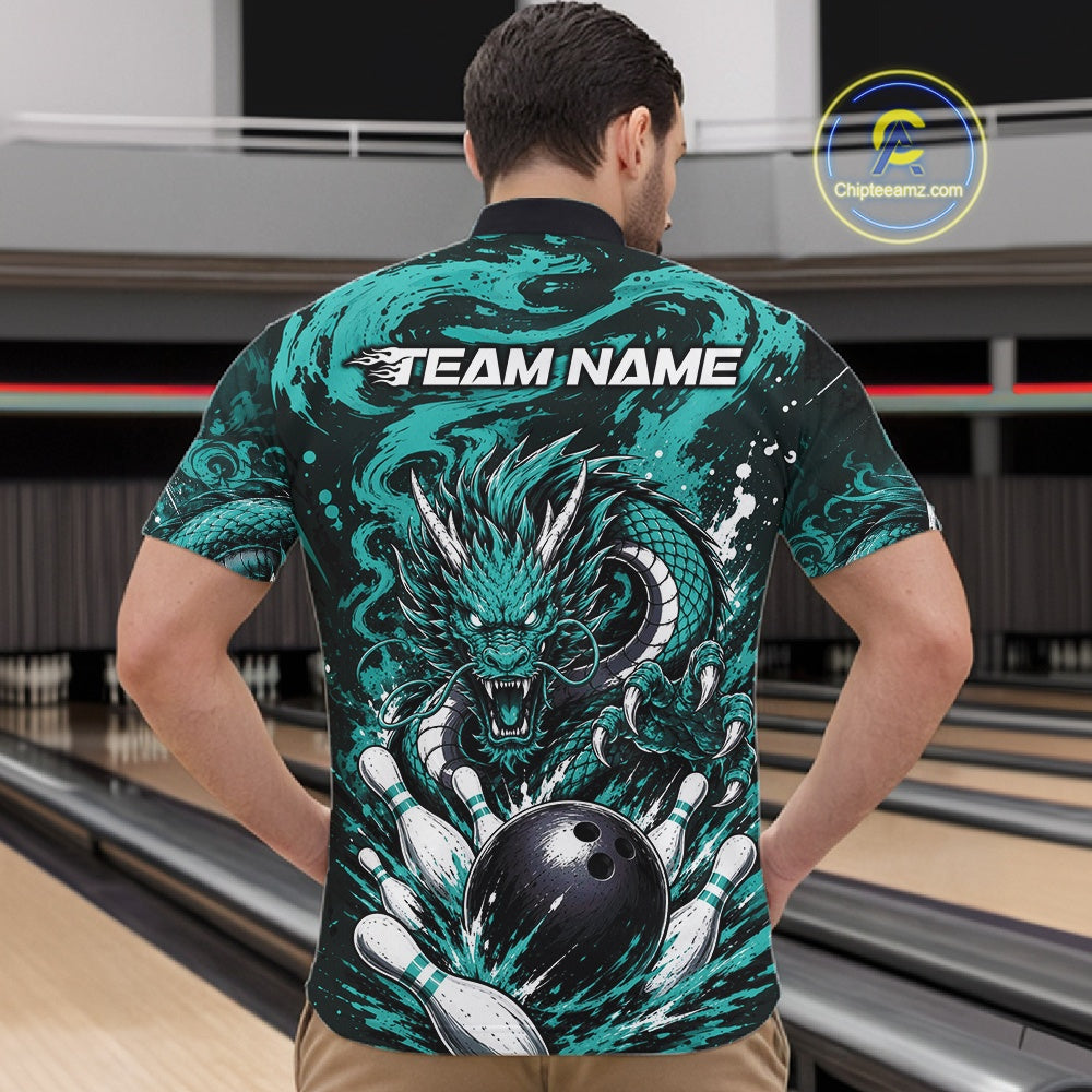 Man wearing a bowling shirt with a dragon design and 'Team Name' text at a bowling alley.