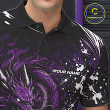Load image into Gallery viewer, Black polo shirt with purple dragon design and 'Your Name' text on a dark background