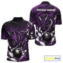Load image into Gallery viewer, Blue dragon-themed bowling shirt with customizable text on a white background