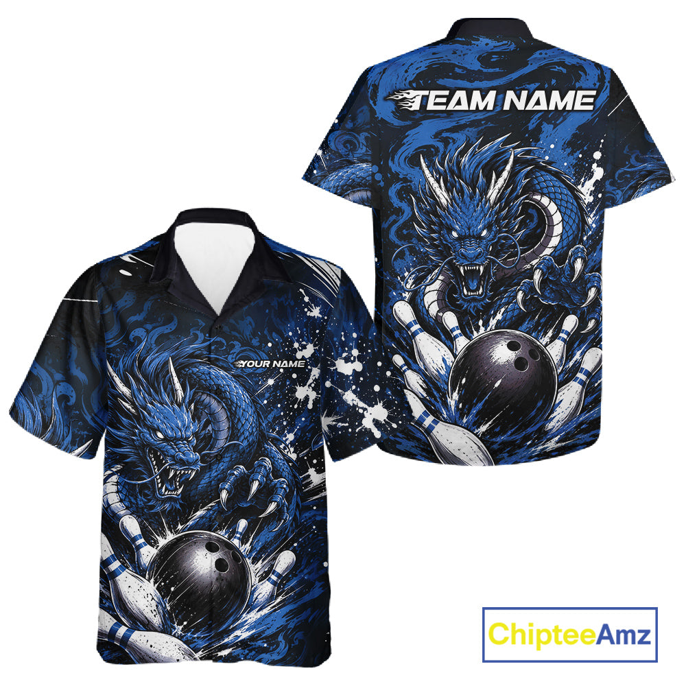 Bowling shirt with blue dragon design on front and back, featuring 'Team Name' text.