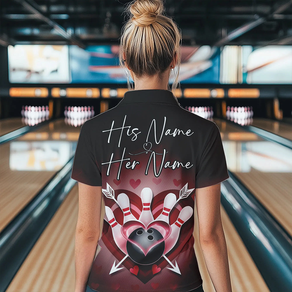 Custom Valentine Bowling Heart And Arrow Quarter-Zip Shirt For Women, Couple Bowling Outfit IPHW8368