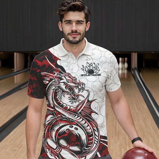 Custom Red Camo Dragon Bowling Tattoo Men Polo Shirts, Dragon Bowling League Team Shirt IPHW8883
