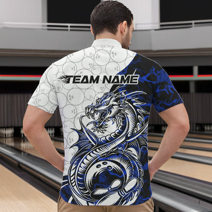 Custom Blue Camo Dragon Bowling Tattoo Men Quarter-Zip Shirts, Dragon Bowling League Team Shirt IPHW8884