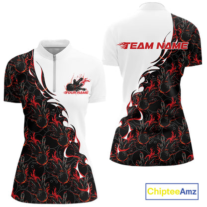 Front and back view of a womens white bowling quarter-zip shirt mockup showcasing red and black flame bowling pattern with bold dynamic sports styling.