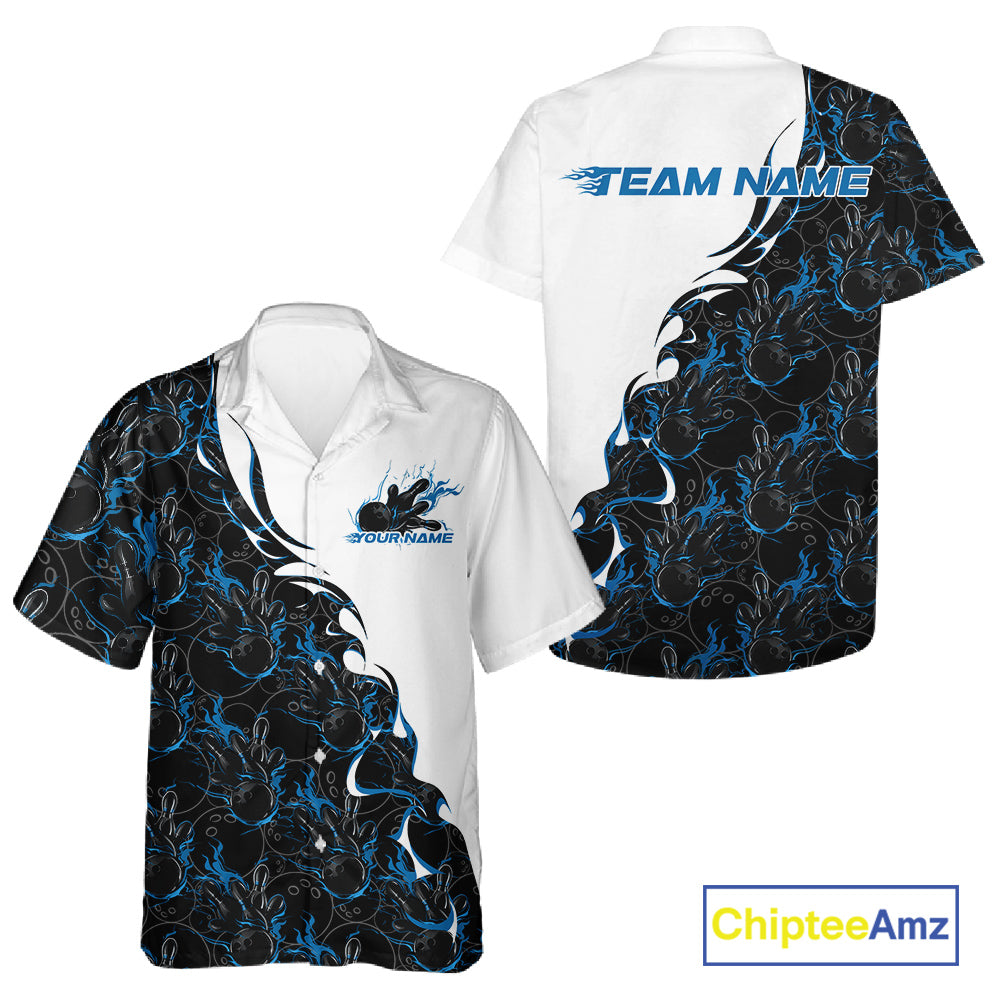 Front and back view of a white button-up bowling shirt mockup featuring blue and black flame bowling pattern with dynamic sporty bowling graphics.
