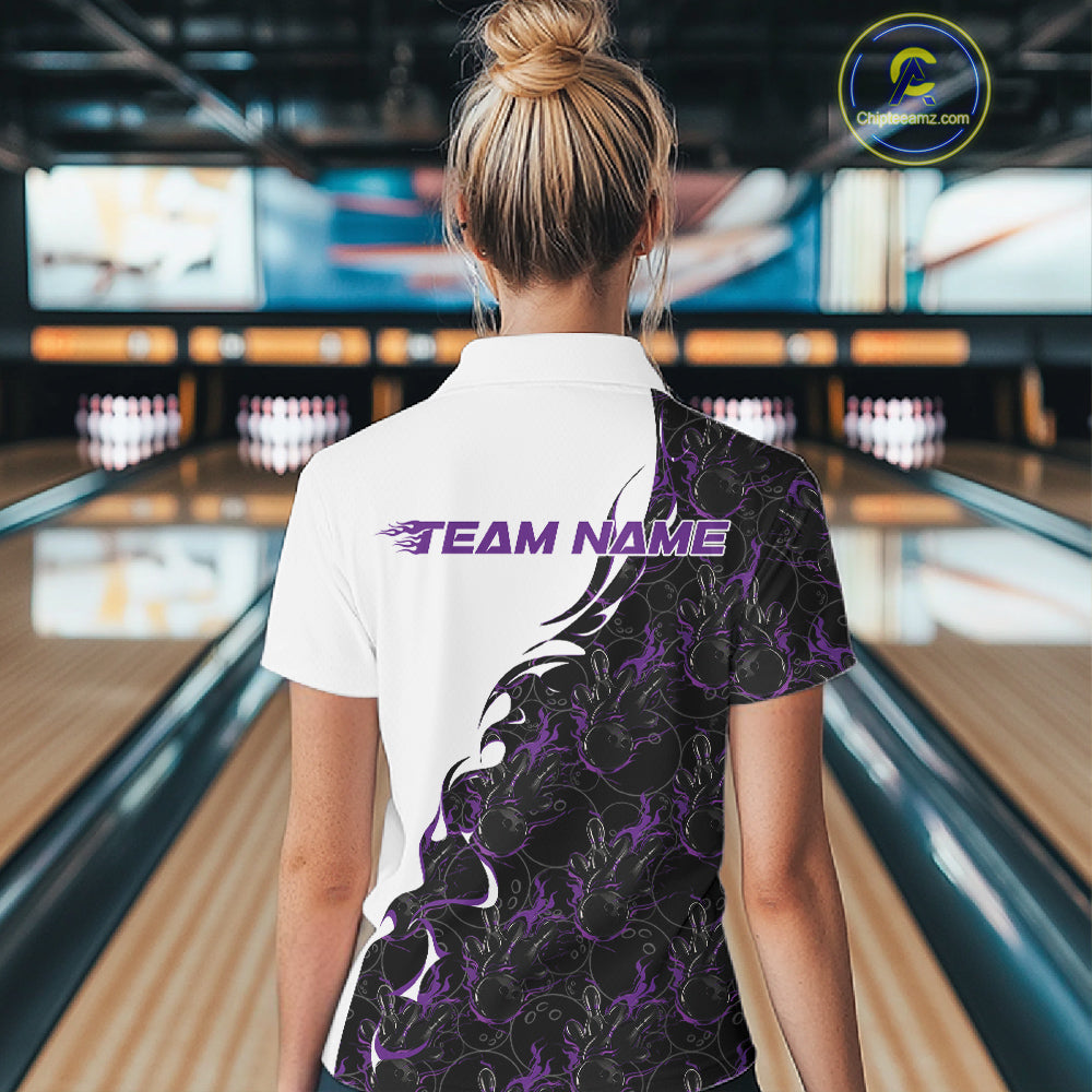 Back view of a female model in a bowling lane wearing a white quarter-zip shirt, showcasing purple and black flame bowling pattern with bold athletic visuals.