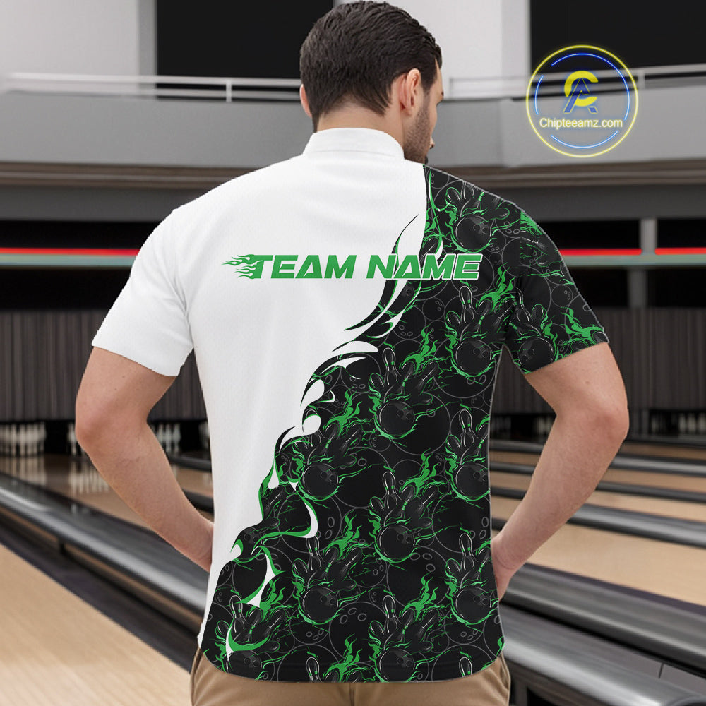 Male model at a bowling lane wearing white quarter zip shirt, front view featuring green and black flame pattern with striking bowling action illustration