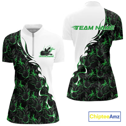 Front and back view of a white bowling quarter-zip shirt mockup with green and black flame bowling pattern, showcasing bold sporty bowling-themed graphics.