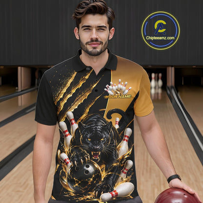 A man wearing a custom bowling-themed polo shirt with a black and gold design featuring a roaring black panther, bowling pins, and a bowling ball graphic.