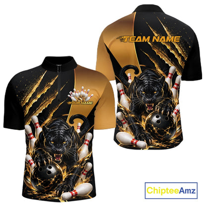 Front and back views of a short-sleeve bowling-themed athletic shirt on a white background. The design features a black and gold color scheme with a roaring black panther, bowling balls, bowling pins, and gold claw marks.