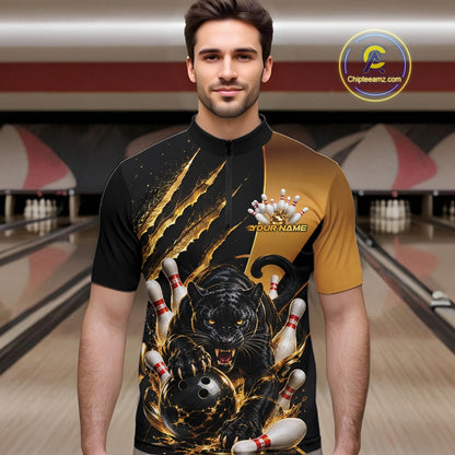 A man wearing a short-sleeve bowling shirt with a black and gold design featuring a roaring black panther, bowling pins, and a bowling ball. The shirt has a gold yoke on the right side and a small 'YOUR NAME' placeholder on the chest.