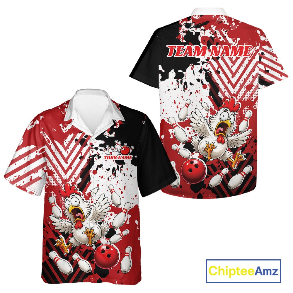 Front and back views of a short-sleeve bowling-themed shirt with a red, white, and black splatter design, cartoon chicken and bowling ball graphics, and customizable team name text on the back.