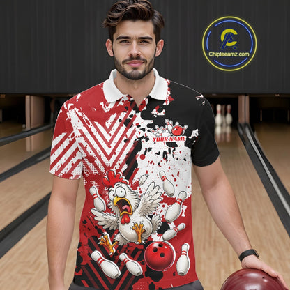 A man in a bowling alley wearing a custom short-sleeve bowling polo shirt with a red, black, and white splatter design, a cartoon chicken graphic, and a white collar. 