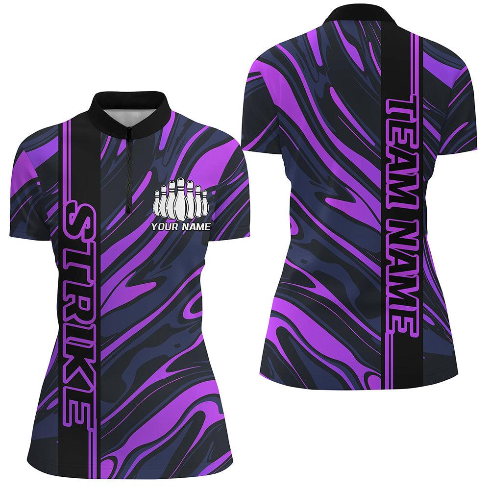 Custom Purple Camo Strike Bowling Quarter-Zip Shirts For Women, Striking Bowling Team Uniform IPHW8138
