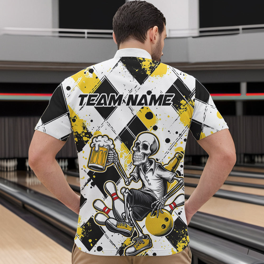 Custom Yellow Argyle Pattern Funny Skeleton Bowling And Beer Men Quarter-Zip Shirts, Team Outfit IPHW8892