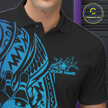 Load image into Gallery viewer, Custom Black And Blue Polynesian Tribal Bowling Men Shirt, Maori Bowling League Shirt IPHW10970