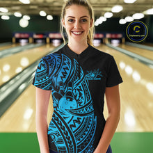 Load image into Gallery viewer, Custom Black And Blue Polynesian Tribal Bowling Women Shirt, Maori Bowling League Shirt IPHW10970