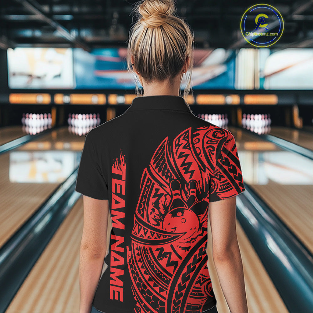 Back view of a female model in a black and red bowling quarter-zip shirt featuring tribal swirl bowling artwork.