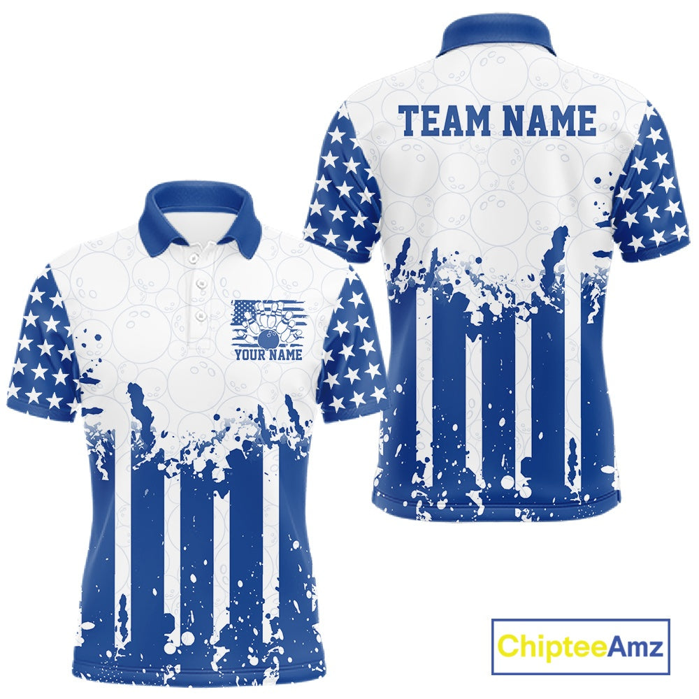 White and blue polo shirt with American flag design and customizable text, featuring Chiptee Amz branding.