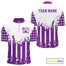 Load image into Gallery viewer, 
Customizable white and purple patriotic men's bowling quarter-zip shirts showing the front and back views with a distressed American flag and a "TEAM NAME" text template on a white background.
