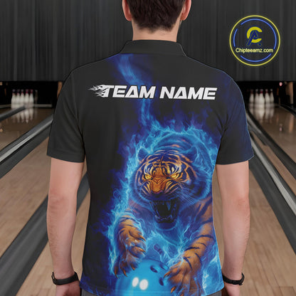 Custom Blue Fire Flame Tiger Bowling Team Polo Shirts For Men, Tiger Bowling Jerseys IPHW9483