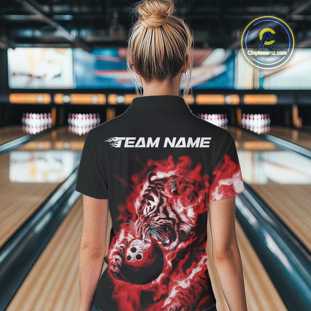 Custom Red Fire Flame Tiger Bowling Jerseys, Bowling Team Women Quarter-Zip Shirts IPHW9488