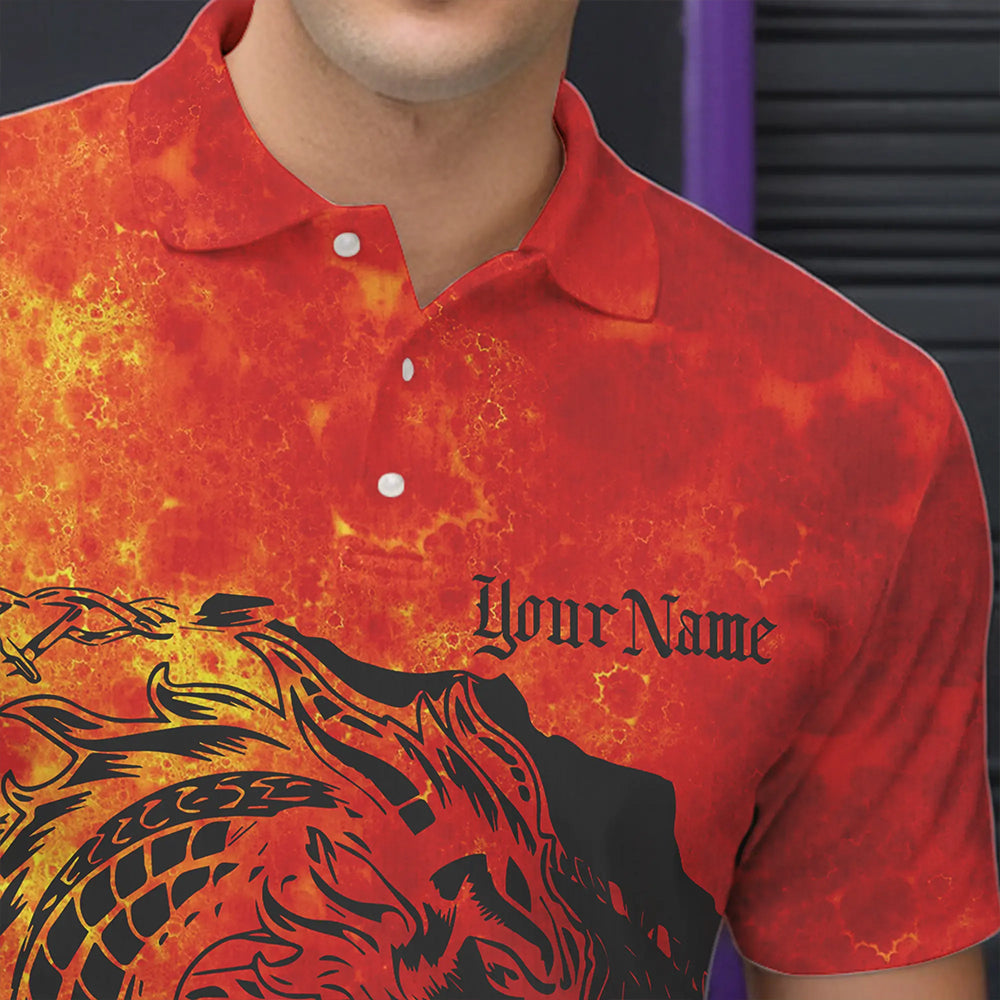 Custom Red Flame Viking Dragon Bowling Polo Team Shirts For Men, Bowling League Shirts IPHW8585