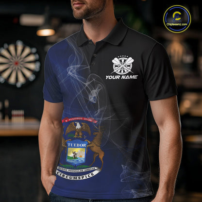 Custom Smoke Flame Michigan Flag Patriotic Darts Shirt For Men, Dart League Team Jerseys IPHW10743