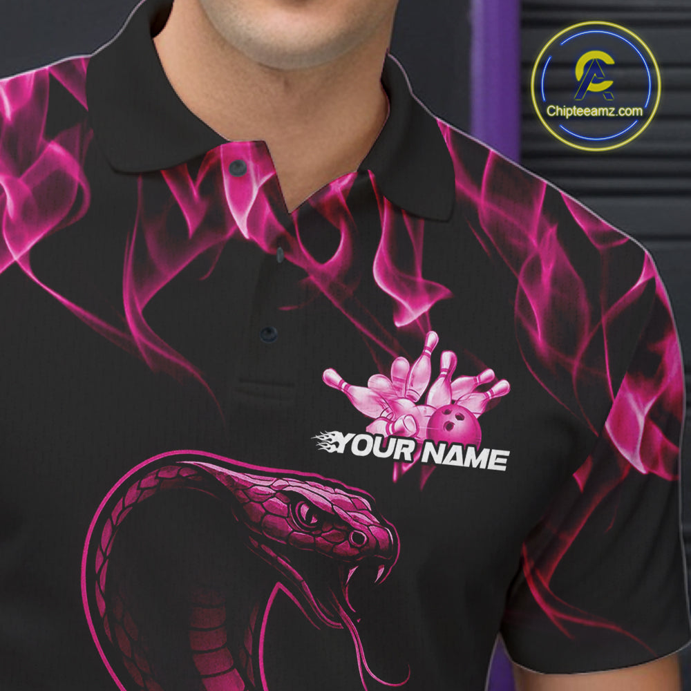 Custom Black And Pink Flame Cobra Snake Bowling Men Shirts, Bowling League Shirt IPHW10766