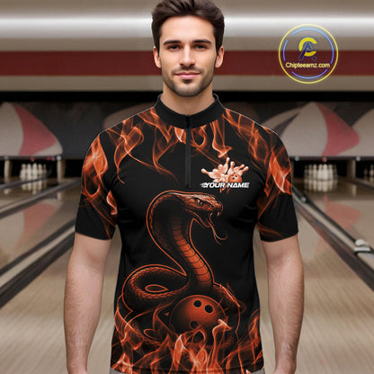 Custom Black And Orange Flame Cobra Snake Bowling Men Shirts, Bowling League Shirt IPHW10767