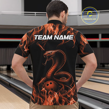 Custom Black And Orange Flame Cobra Snake Bowling Men Shirts, Bowling League Shirt IPHW10767