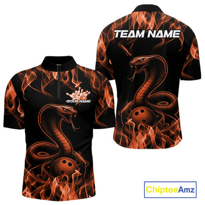 Custom Black And Orange Flame Cobra Snake Bowling Men Shirts, Bowling League Shirt IPHW10767