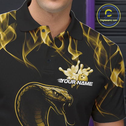 Custom Black And Yellow Flame Cobra Snake Bowling Men Shirts, Bowling League Shirt IPHW10768