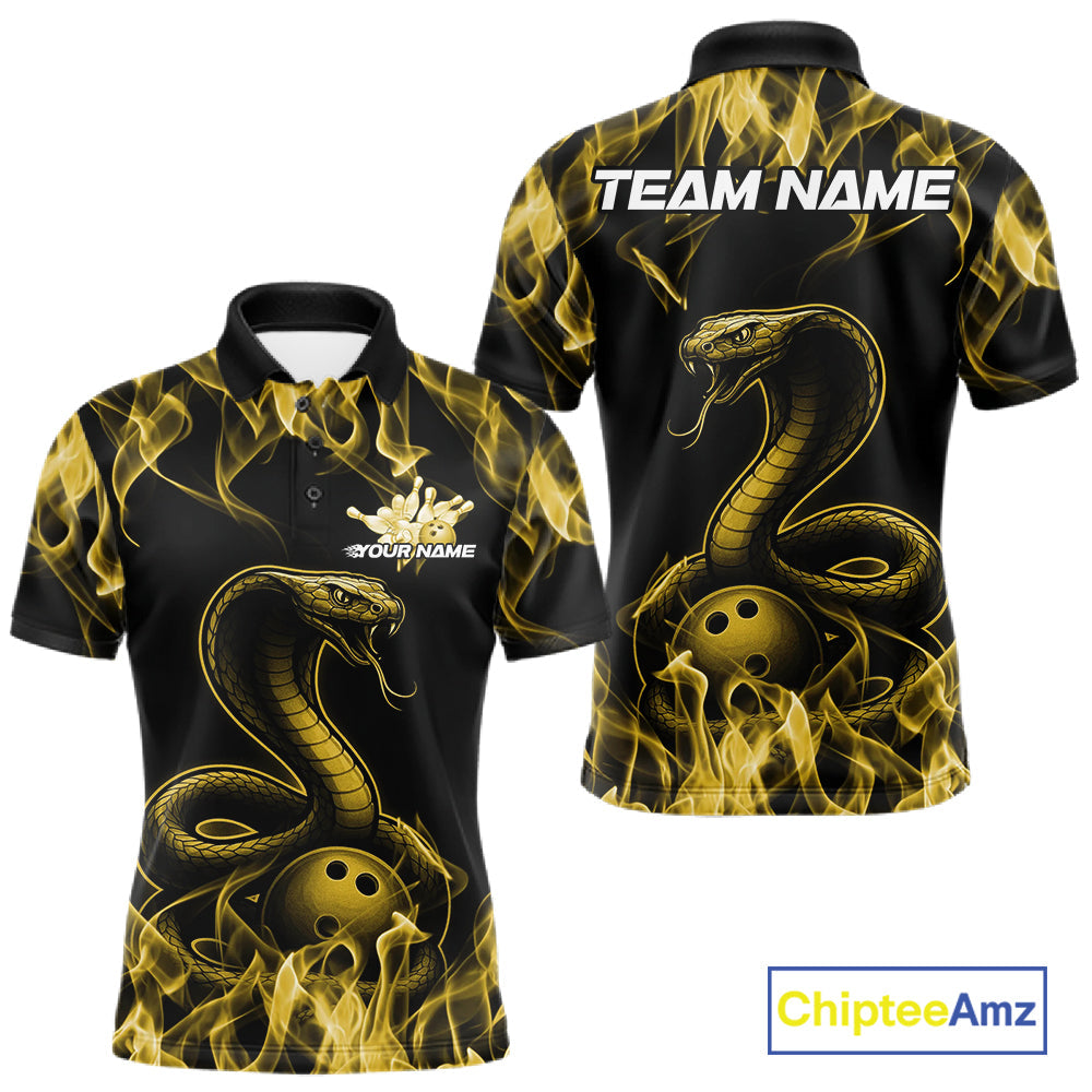 Custom Black And Yellow Flame Cobra Snake Bowling Men Shirts, Bowling League Shirt IPHW10768