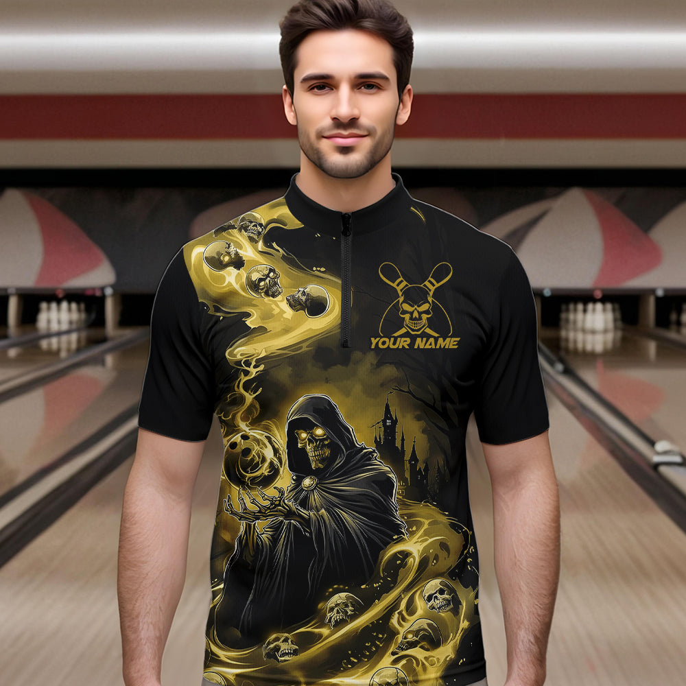 Black And Yellow Grim Reaper Custom Halloween Bowling Team Men Quarter-Zip Shirts, Bowlers Outfit IPHW8894