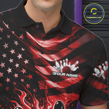 Load image into Gallery viewer, Custom Black And Red Patriotic Fire Flame Men Bowling Shirt, US Flag Bowling Jerseys IPHW10997