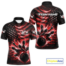 Load image into Gallery viewer, Custom Black And Red Patriotic Fire Flame Men Bowling Shirt, US Flag Bowling Jerseys IPHW10997
