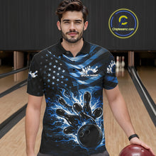 Load image into Gallery viewer, Custom Black And Blue Patriotic Fire Flame Men Bowling Shirt, US Flag Bowling Jerseys IPHW10998
