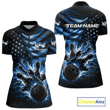 Load image into Gallery viewer, Custom Black And Blue Patriotic Fire Flame Women Bowling Shirt, US Flag Bowling Jerseys IPHW10998