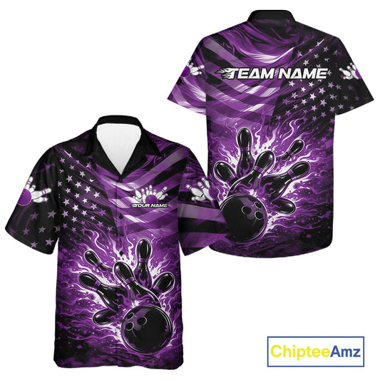 Front and back views of a black button-up bowling shirt featuring purple flame bowling artwork with a distressed American flag theme.