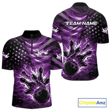 Load image into Gallery viewer, Custom Black And Purple Patriotic Fire Flame Men Bowling Shirt, US Flag Bowling Jerseys IPHW11000