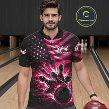 Load image into Gallery viewer, Custom Black And Pink Patriotic Fire Flame Men Bowling Shirt, US Flag Bowling Jerseys IPHW11001