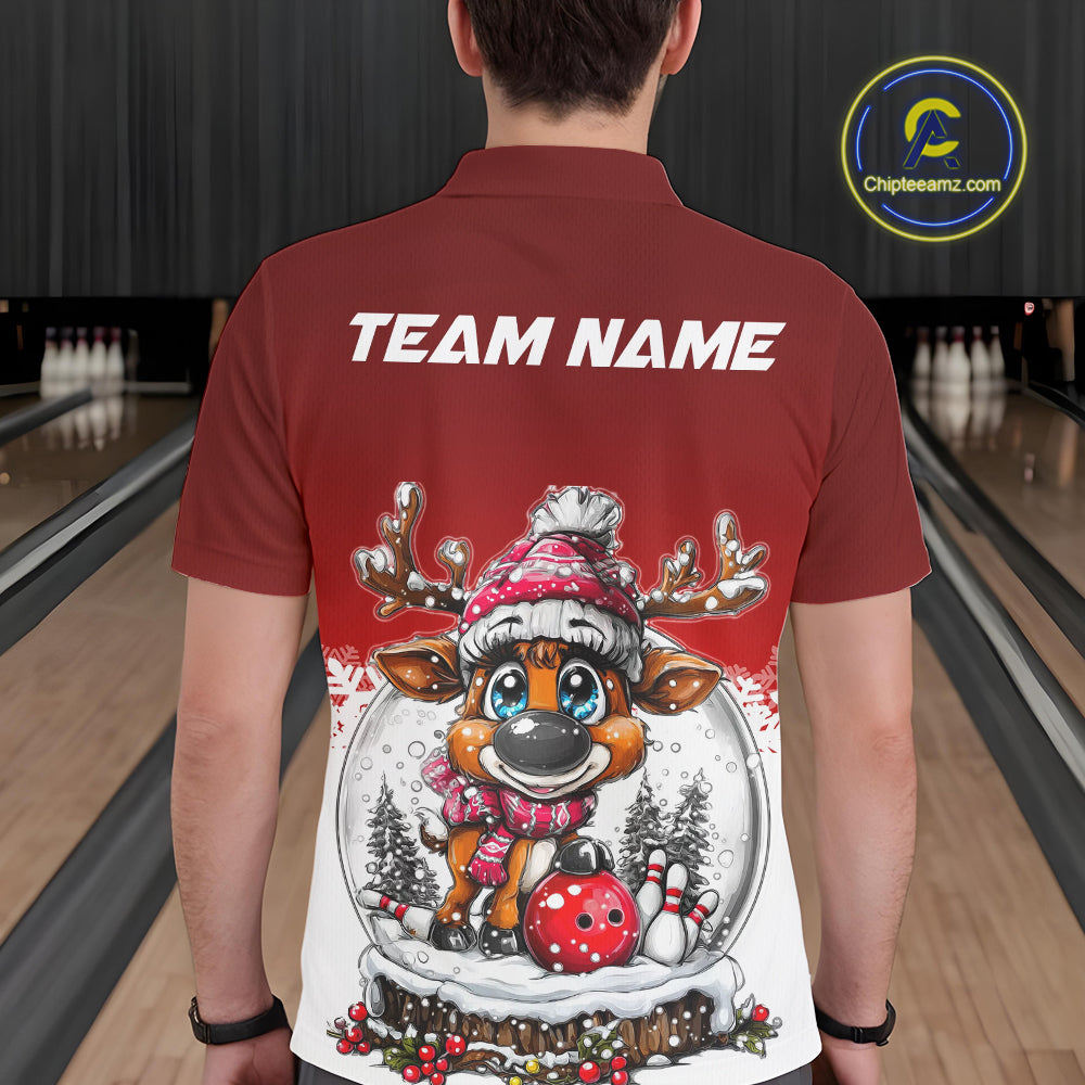 Custom Cute Funny Reindeer Christmas Bowling Men Polo Shirts, Xmas Team Bowling Shirt IPHW10114