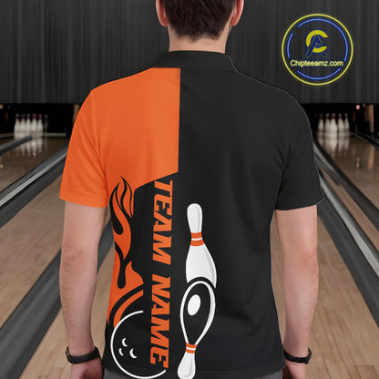 Custom Black And Orange Flame Strike Bowling Men Polo Shirt, Bowling Tournament Shirt IPHW10250