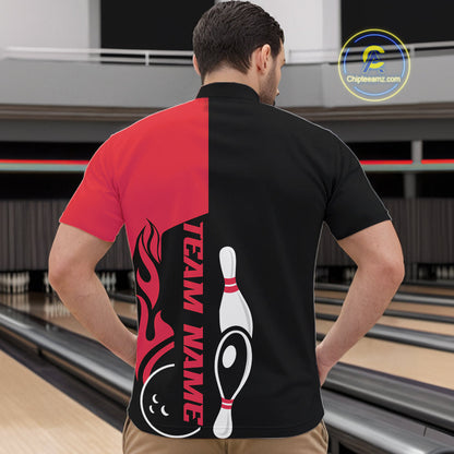 Custom Black And Red Flame Strike Bowling Men Quarter-Zip Shirt, Bowling Tournament Shirt IPHW10252