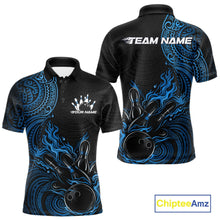 Load image into Gallery viewer, Custom Black And Blue Tribal Flame Bowling Ball Bowling Team Shirts, Polynesian Bowling Tournament Shirt IPHW10499