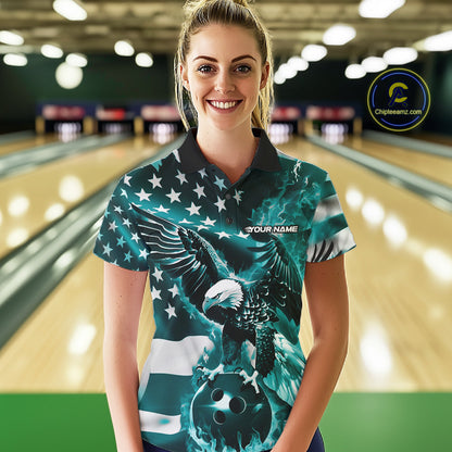Custom Blue Flaming American Flag Eagle Bowling Team Women Shirt, Patriotic Bowlers Outfit IPHW10780